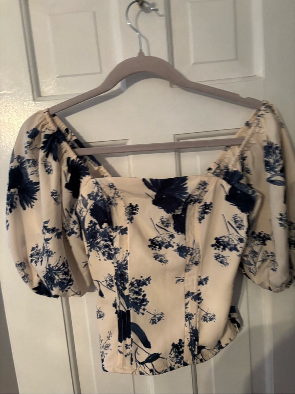 Abercrombie and Fitch Floral Puff-Sleeve Corset Top - Navy Print